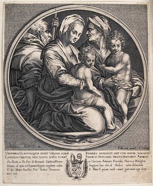 view Saint Mary (the Blessed Virgin) and Saint Joseph with the Christ Child, Saint John the Baptist and Saint Elisabeth. Line engraving by J. Callot after Andrea del Sarto.