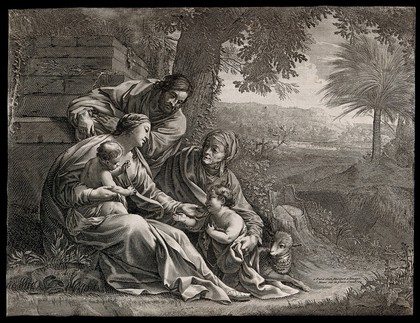 Saint Mary (the Blessed Virgin) and Saint Joseph with the Christ Child, Saint John the Baptist and Saint Elizabeth. Engraving.