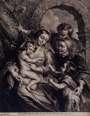 view Saint Mary (the Blessed Virgin) and Saint Joseph with the Christ Child, Saint John the Baptist and Saint Elisabeth. Engraving by S.A. Bolswert after Sir P.P. Rubens.