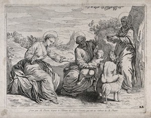 view Saint Mary (the Blessed Virgin) and Saint Joseph with the Christ Child, Saint John the Baptist and Saint Elizabeth. Etching by B. Picart after L. Carracci.