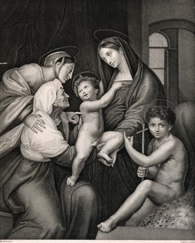 Saint Mary (the Blessed Virgin) with the Christ Child, Saint John the Baptist, Saint Elizabeth and Saint Catherine (?). Stipple engraving by M. Dissard after Raphael.