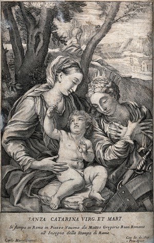 view Saint Mary (the Blessed Virgin) with the Christ Child and Saint Catherine of Alexandria. Engraving after C. Maratta.