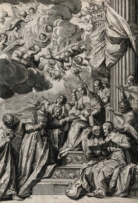 Saint Mary (the Blessed Virgin) with the Christ Child and Catherine of Alexandria. Line engraving after Agostino Carracci after P. Veronese.