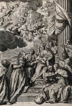 view Saint Mary (the Blessed Virgin) with the Christ Child and Catherine of Alexandria. Line engraving after Agostino Carracci after P. Veronese.