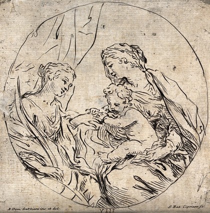 Saint Mary (the Blessed Virgin) with the Christ Child and Saint Catherine of Alexandria. Etching by G.B. Cipriani after A.D. Gabbiani.