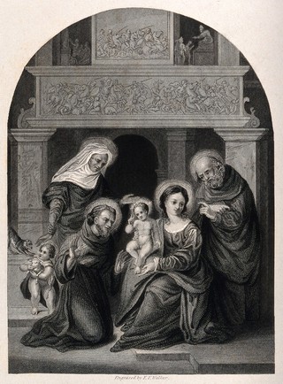 Saint Mary (the Blessed Virgin) and Saint Joseph with the Christ Child, Saint John the Baptist, Saint Elizabeth and Saint Francis of Assisi. Engraving by F.F. Walker after L. Mazzolino da Ferrara.