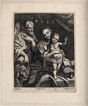 Saint Mary (the Blessed Virgin) with the Christ Child and Saint Jerome. Etching by N. van Hoy after F. Barocci.