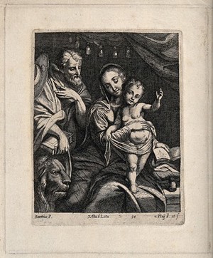 view Saint Mary (the Blessed Virgin) with the Christ Child and Saint Jerome. Etching by N. van Hoy after F. Barocci.