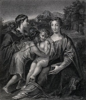 view Saint Mary (the Blessed Virgin) with the Christ Child, Saint John the Baptist and Saint Mary Magdalene. Engraving after G.F.M. Mazzola, il Parmigianino.