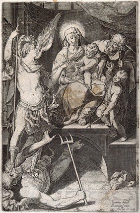 Saint Mary (the Blessed Virgin) and Saint Joseph with the Christ Child, Saint John the Baptist and Saint Michael the Archangel. Engraving by Annibale Carracci, 1582, after Lorenzino Sabbatini da Bologna.