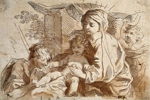 view Saint Mary (the Blessed Virgin) with the Christ Child and Saint Catherine of Alexandria. Colour etching by F. Bartolozzi.