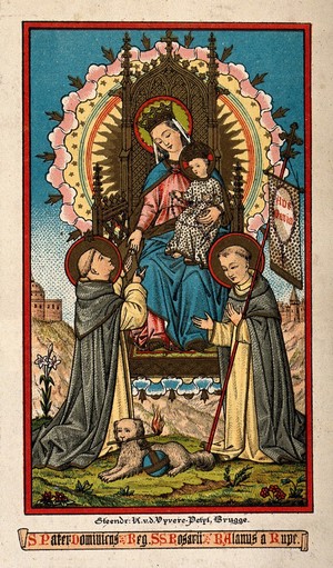 view Saint Mary (the Blessed Virgin) with the Christ Child and Saint Dominic Guzman and the Blessed Alan of Roche. Colour lithograph by K. Van de Vvyvere.