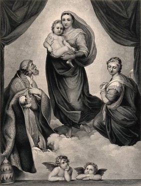 Saint Mary (the Blessed Virgin) with the Christ Child, Saint Sixtus, Saint Barbara and angels. Engraving by A.T. Aikman after Raphael.