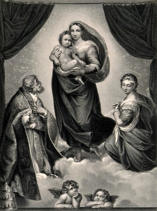 Saint Mary (the Blessed Virgin) with the Christ Child, Saint Sixtus, Saint Barbara and angels. Engraving by W. French after Raphael.