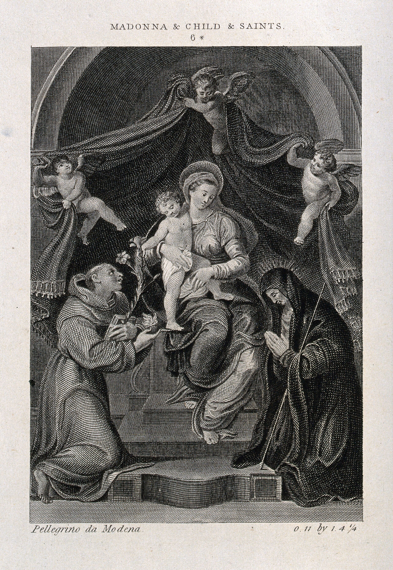 Saint Mary (the Blessed Virgin) with the Christ Child, Saint Dominic Guzman and Saint Catherine of Siena. Engraving after Pellegrino da Modena., by Pellegrino Aretusi