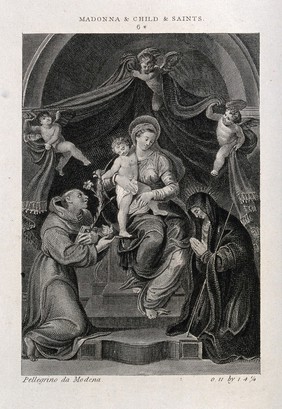 Saint Mary (the Blessed Virgin) with the Christ Child, Saint Dominic Guzman and Saint Catherine of Siena. Engraving after Pellegrino da Modena.