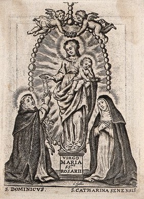 Saint Mary (the Blessed Virgin) with the Christ Child, Saint Dominic Guzman and Saint Catherine of Siena. Engraving by C. Galle.