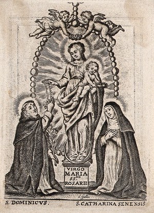 view Saint Mary (the Blessed Virgin) with the Christ Child, Saint Dominic Guzman and Saint Catherine of Siena. Engraving by C. Galle.