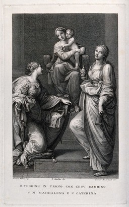 Saint Mary (the Blessed Virgin) with the Christ Child, Saint Catherine of Siena and Saint Mary Magdalen. Engraving by F. Rosaspina, after L. Bendini after F. Albani, 1599.