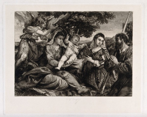 Saint Mary (the Blessed Virgin) with the Christ Child, Saint Joseph, Saint Catherine of Alexandria and an angel. Etching by W. Unger after L. Lotto.