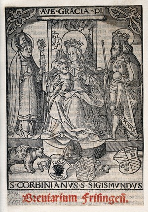 view Saint Mary (the Blessed Virgin) with the Christ Child, Saint Corbinian and Saint Sigismund. Woodcut by L. Beck.