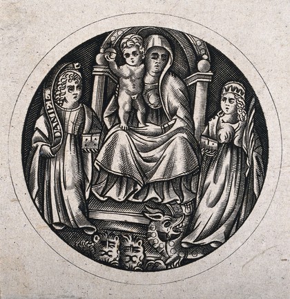 Saint Mary (the Blessed Virgin) with the Christ Child, the prophet Daniel and Saint Margaret of Antioch. Engraving by W.Y. Ottley, 1828.