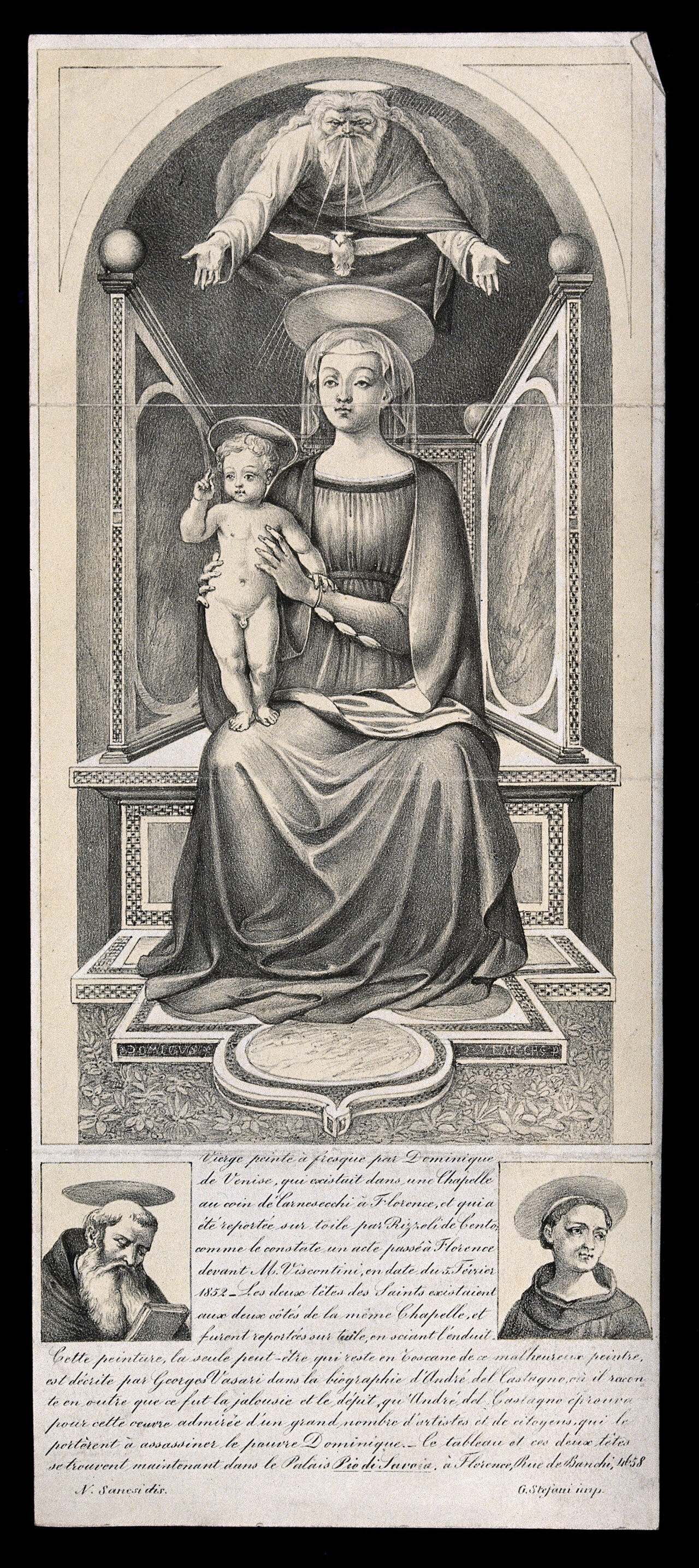 Saint Mary (the Blessed Virgin) with the Christ Child, with God and the Holy Ghost, and the heads of two monastic saints. Lithograph by N. Sanesi after Domenico Veneziano., 1852-1886, by Domenico Veneziano