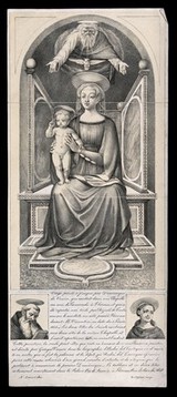 Saint Mary (the Blessed Virgin) with the Christ Child, with God and the Holy Ghost, and the heads of two monastic saints. Lithograph by N. Sanesi after Domenico Veneziano.