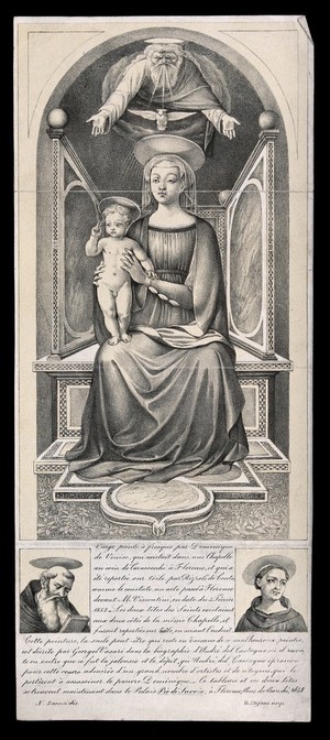 view Saint Mary (the Blessed Virgin) with the Christ Child, with God and the Holy Ghost, and the heads of two monastic saints. Lithograph by N. Sanesi after Domenico Veneziano.