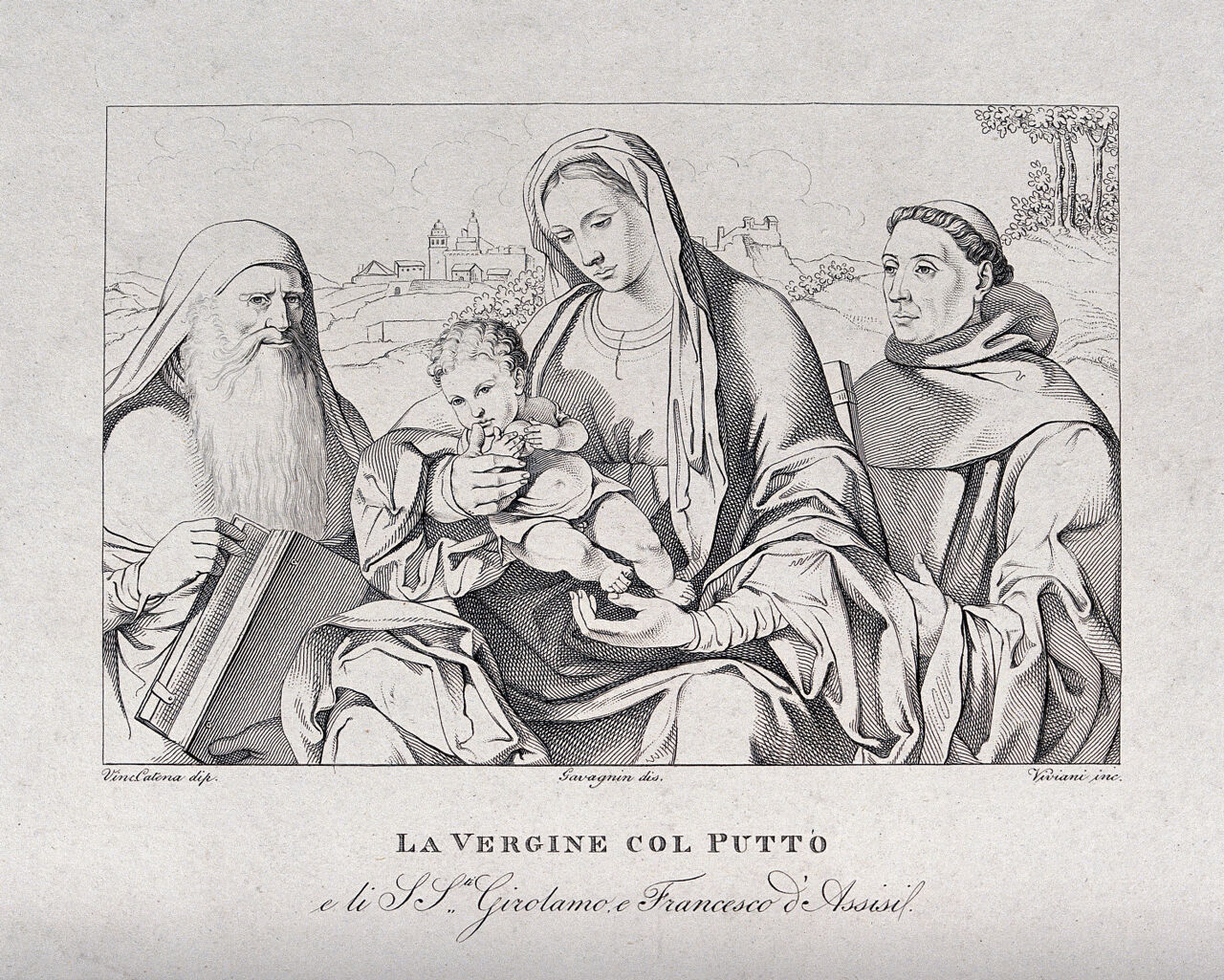 Saint Mary (the Blessed Virgin) with the Christ Child, Saint Jerome and Saint Francis of Assisi. Engraving by A. Viviani after Gavagnin after V. Catena., by Vincenzo Catena