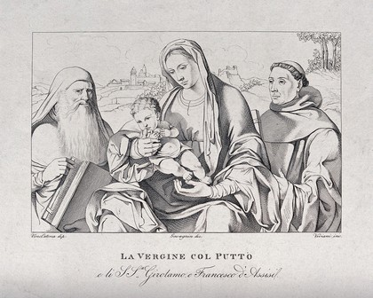 Saint Mary (the Blessed Virgin) with the Christ Child, Saint Jerome and Saint Francis of Assisi. Engraving by A. Viviani after Gavagnin after V. Catena.