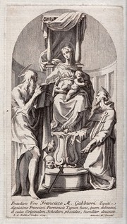 Saint Mary (the Blessed Virgin) with the Christ Child, Saint Jerome and Saint Francis of Assisi. Etching by A.G. Faldoni, 1724, after A.M. Zanetti.