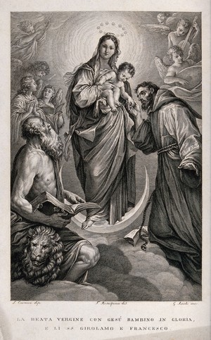 view Saint Mary (the Blessed Virgin) with the Christ Child, Saint Jerome and Saint Francis of Assisi and angels. Engraving by G. Asioli after F. Rosaspina after L. Carracci.