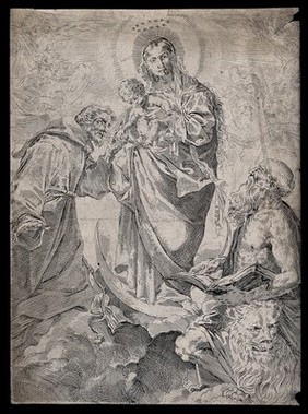 Saint Mary (the Blessed Virgin) with the Christ Child, Saint Jerome and Saint Francis of Assisi and angels. Etching after L. Carracci.