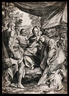 Saint Mary (the Blessed Virgin) with the Christ Child, Saint John the Baptist, Saint Jerome and Saint Mary Magdalen and an angel. Engraving by Agostino Carracci, 1586, after A. Allegri, il Correggio.
