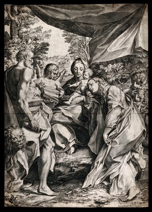 view Saint Mary (the Blessed Virgin) with the Christ Child, Saint John the Baptist, Saint Jerome and Saint Mary Magdalen and an angel. Engraving by Agostino Carracci, 1586, after A. Allegri, il Correggio.