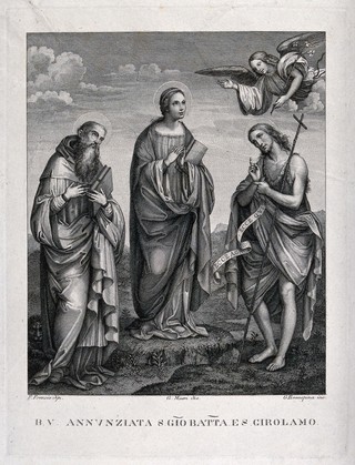 Saint Mary (the Blessed Virgin) with Saint John the Baptist, Saint Jerome and an angel. Engraving by G. Rosaspina after G. Marri after F. Raibolini, il Francia.