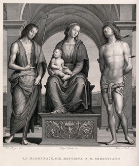 Saint Mary (the Blessed Virgin) with the Christ Child, Saint John the Baptist and Saint Sebastian. Engraving by M. Steinla after F. Calendi after P. Perugino.
