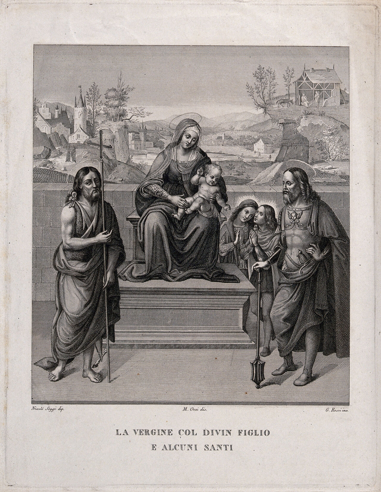 Saint Mary (the Blessed Virgin) with the Christ Child, Saint John the Baptist, Saint Longinus (?) and angels (?). Engraving by G. Rossi, ca. 1840, after M. Orsi after N. Soggi., 1840, by Niccolò Soggi