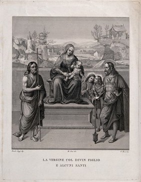 Saint Mary (the Blessed Virgin) with the Christ Child, Saint John the Baptist, Saint Longinus (?) and angels (?). Engraving by G. Rossi, ca. 1840, after M. Orsi after N. Soggi.