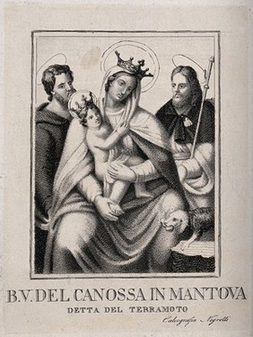 Saint Mary (the Blessed Virgin) with the Christ Child, an unidentified saint and Saint Roch, as protectors against earthquakes. Engraving.