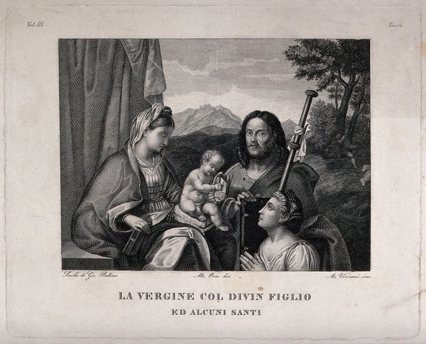 Saint Mary (the Blessed Virgin) with the Christ Child, Saint Catherine of Alexandria (?) and Saint James the Greater. Engraving by A. Viviani after M. Orsi after the school of G. Bellini.