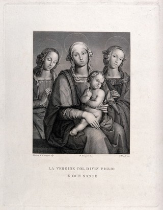 Saint Mary (the Blessed Virgin) with the Christ Child and two unidentifed female saints. Engraving by G. Marchi after R. Bonajuti.