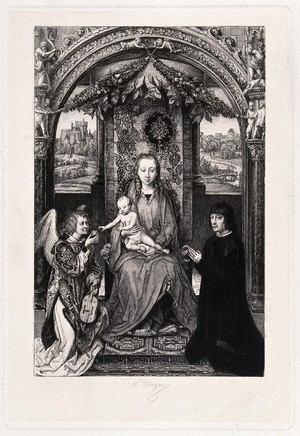 view Saint Mary (the Blessed Virgin) with the Christ Child, an angel and a donor. Etching by W. Unger after H. Memlinc.