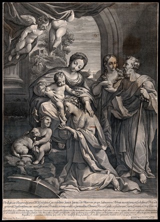 Saint Mary (the Blessed Virgin) with the Christ Child, Saint John the Baptist, Saint Catherine of Alexandria, Saint Mary Magdalen, Saint Peter the Apostle and angels. Engraving by B. Fariat after Agostino Carracci.