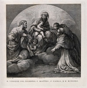 view Saint Mary (the Blessed Virgin) with the Christ Child, Saint Matthew, Saint Charles Borromeo and another figure (the Blessed Raniero). Engraving by F. Rosaspina after N. Angiolini after A. Tiarini.