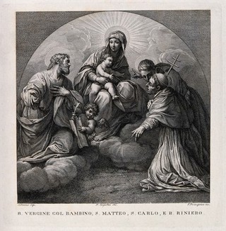Saint Mary (the Blessed Virgin) with the Christ Child, Saint Matthew, Saint Charles Borromeo and another figure (the Blessed Raniero). Engraving by F. Rosaspina after N. Angiolini after A. Tiarini.