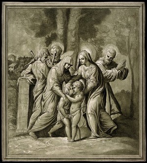 view Saint Mary (the Blessed Virgin) with the Christ Child, Saint John the Baptist, Saint Elizabeth, Saint Paul the Apostle, Saint Peter the Apostle and Saint Francis of Assisi. Colour etching by A. Scacciati after Perino del Vaga (?).