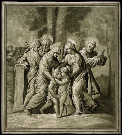Saint Mary (the Blessed Virgin) with the Christ Child, Saint John the Baptist, Saint Elizabeth, Saint Paul the Apostle, Saint Peter the Apostle and Saint Francis of Assisi. Colour etching by A. Scacciati after Perino del Vaga (?).