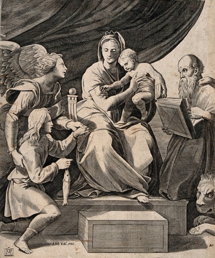 Saint Mary (the Blessed Virgin) with the Christ Child, Tobias, Saint Raphael the Archangel and Saint Jerome. Engraving after Marco da Ravenna after Raphael.